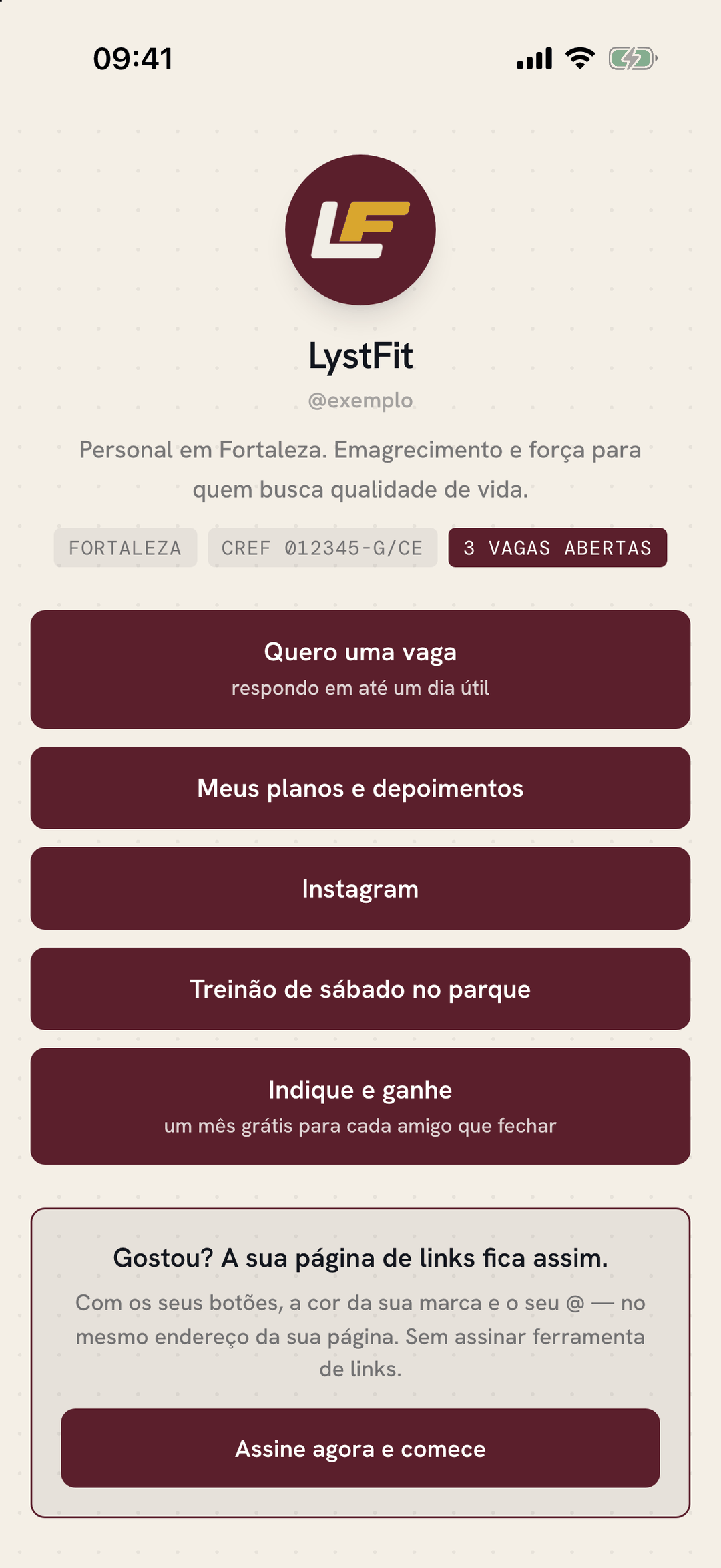 A página de links, para a bio do Instagram.