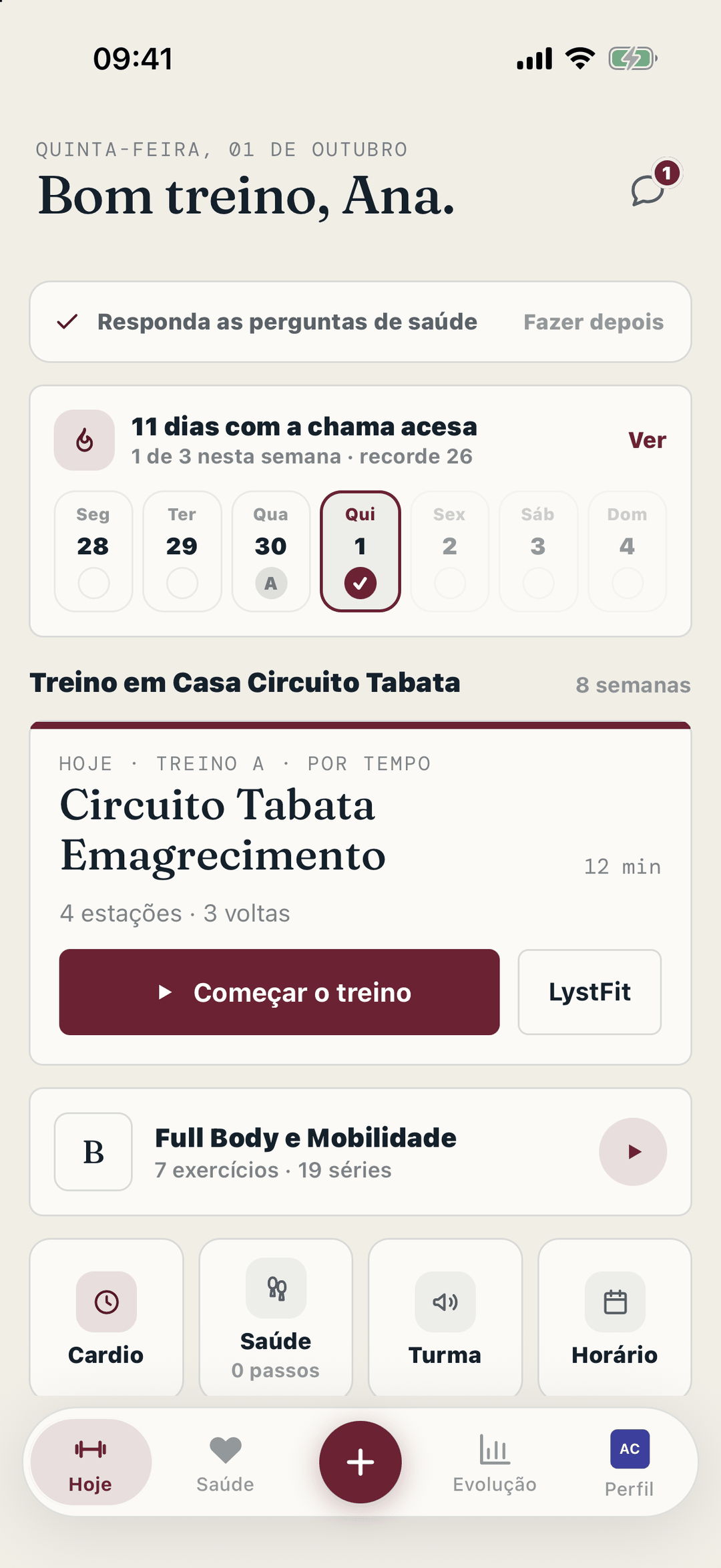 O dia do aluno: a chama da semana, o "ouça o corpo" e o treino de hoje.