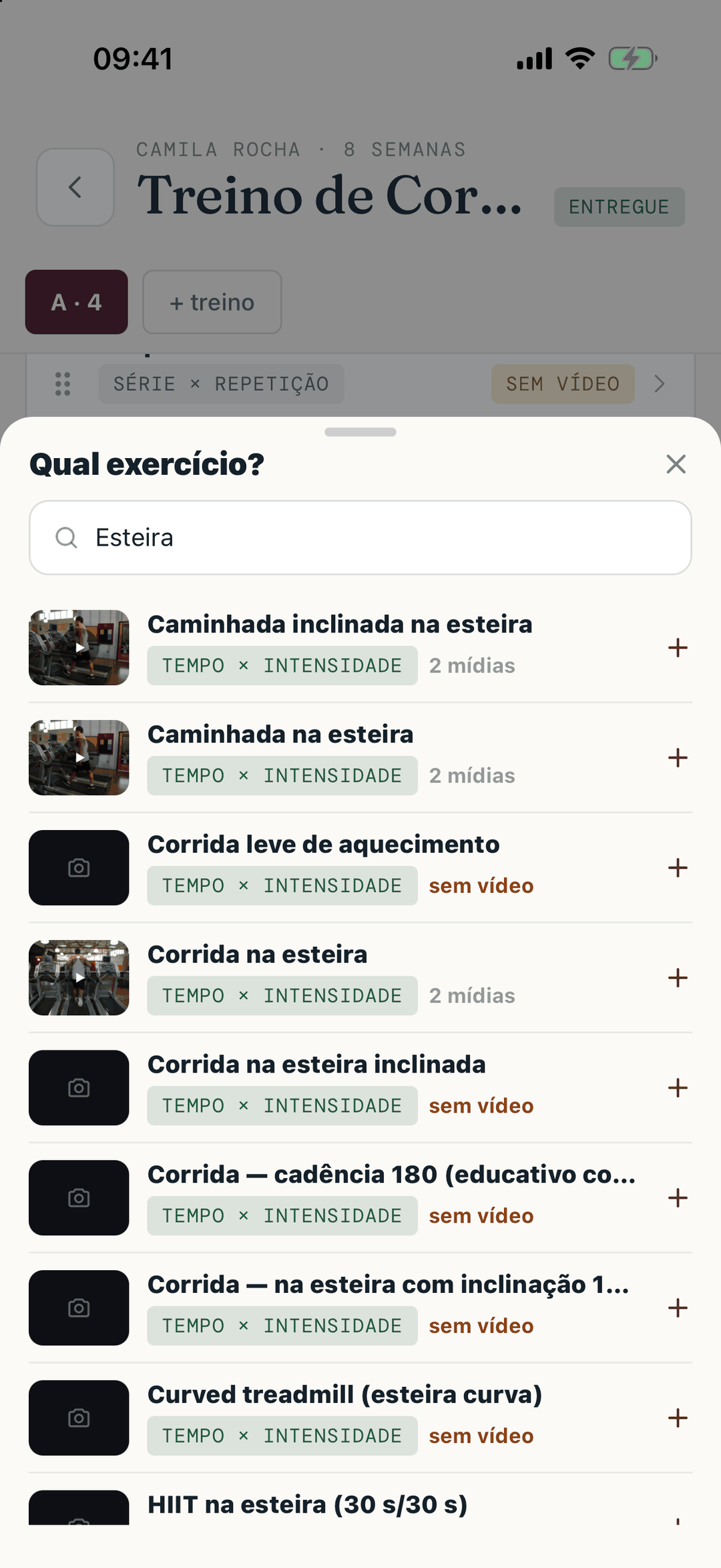 Qual exercício? A etiqueta de medida e a capa com o vídeo.