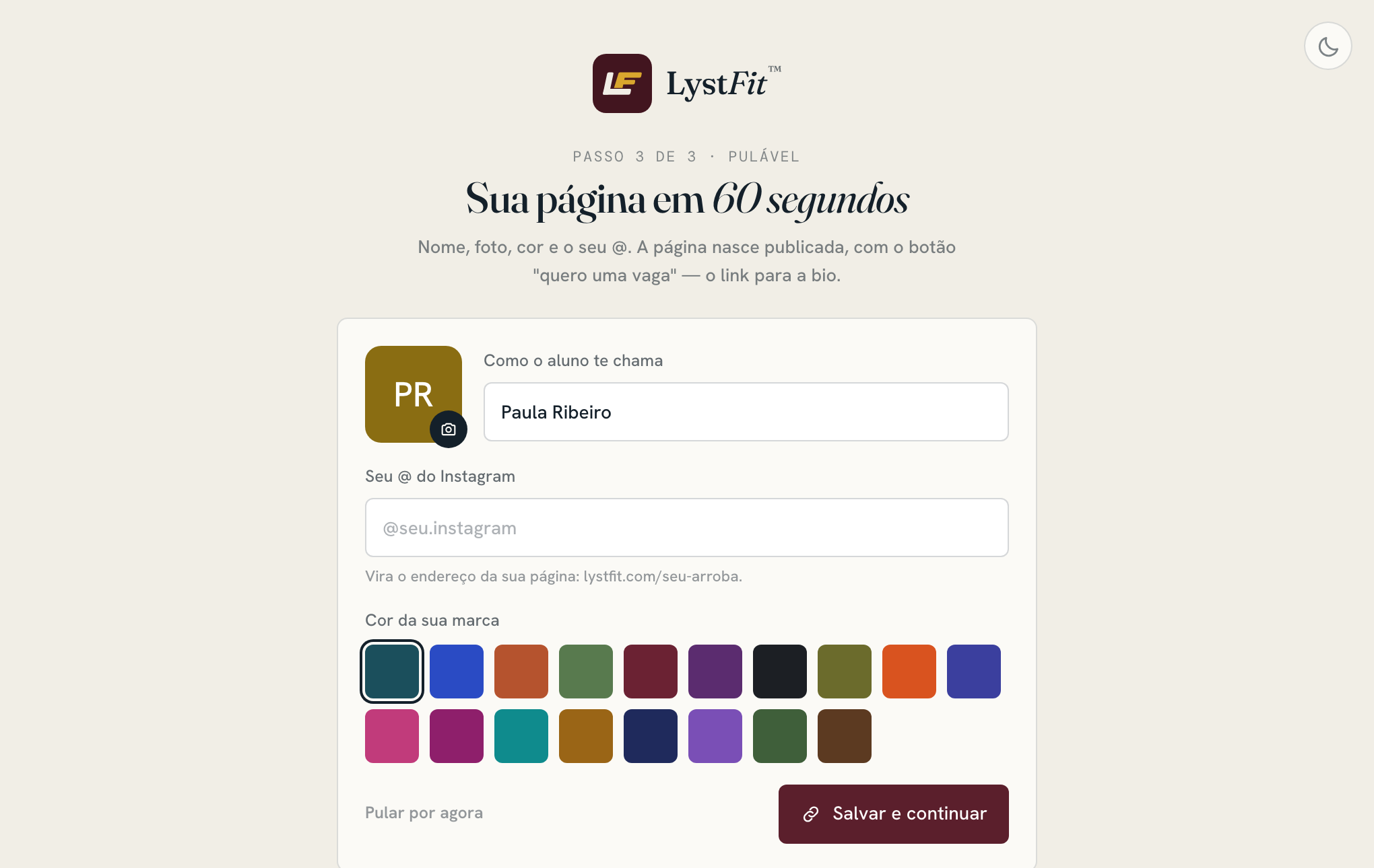 Sua página em 60 segundos: nome, foto, cor e o @.